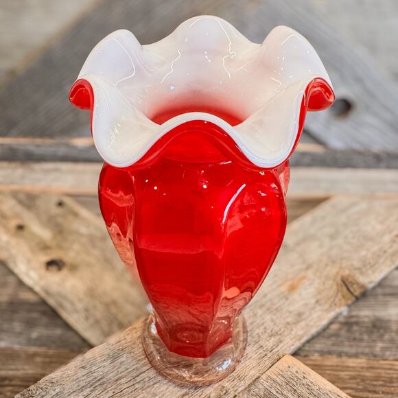 Vintage Ruby Red and White Blown Cased Art Glass Ruffled Vase, 7.5”H - Picture 3 of 6